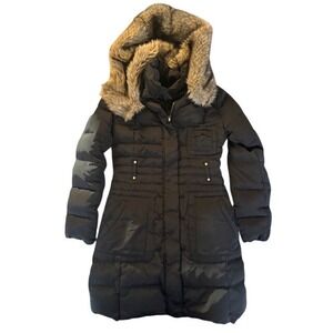 Mango Suit Women Black Puffer Coat Faux Fur Hood Parka Size XS